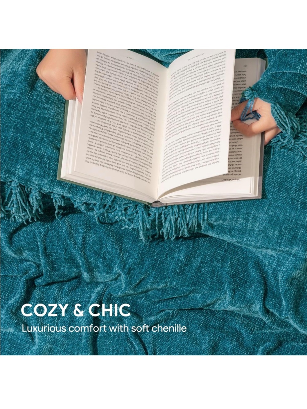 Plush Teal Chenille Throw with Decorative Fringe - Picture 4 of 6